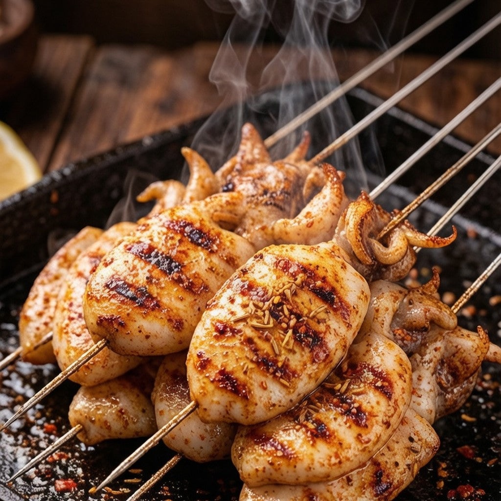 Baby cuttlefish skewers grilling over charcoal
