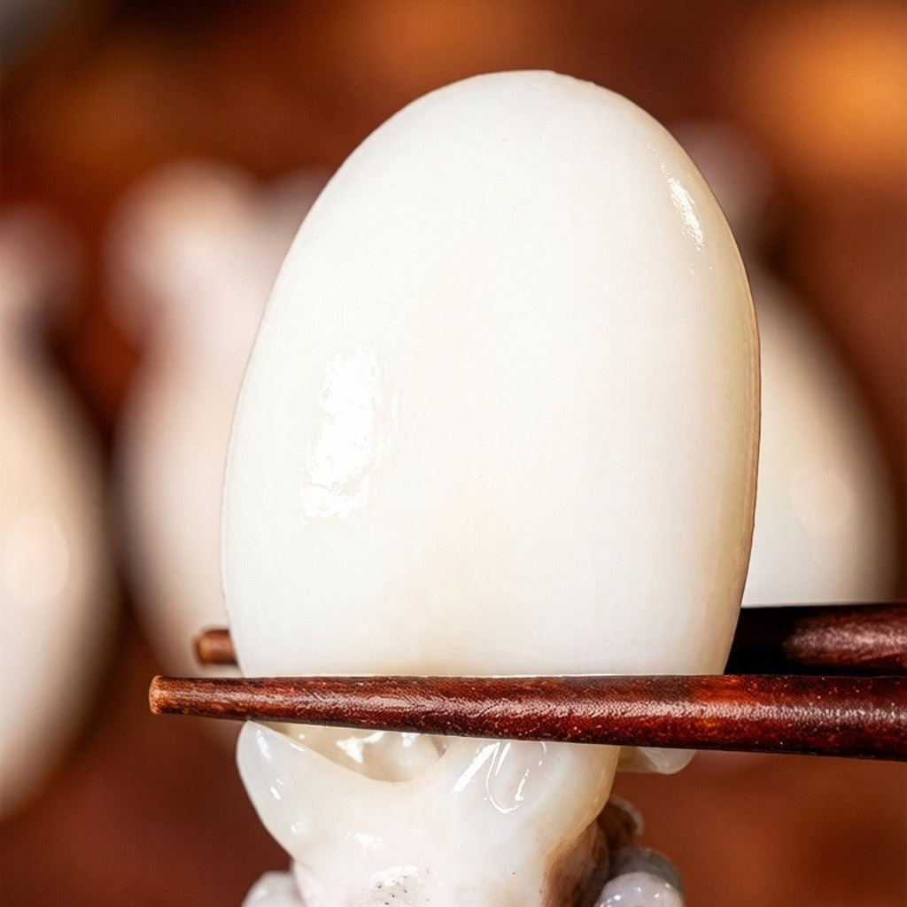 Chopsticks lifting a whole white cuttlefish