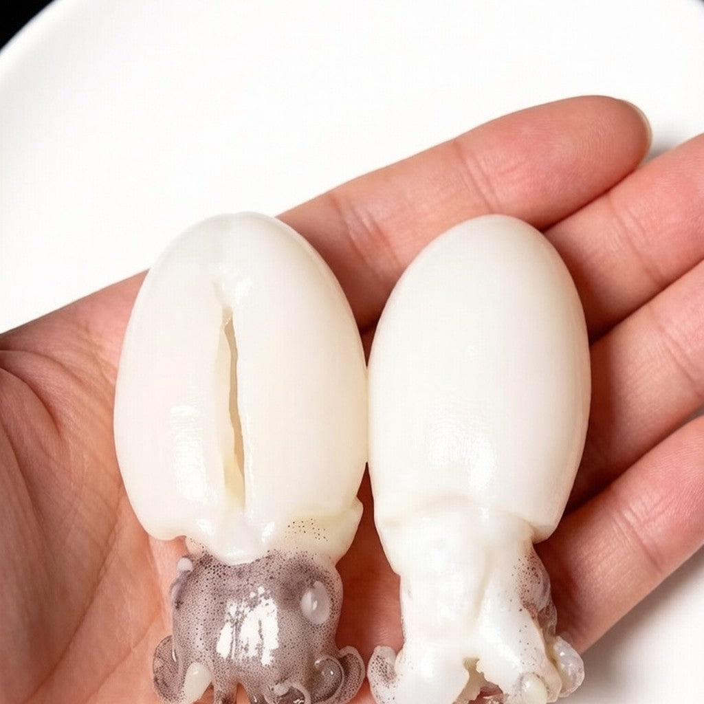 Hand holding two cleaned baby cuttlefish
