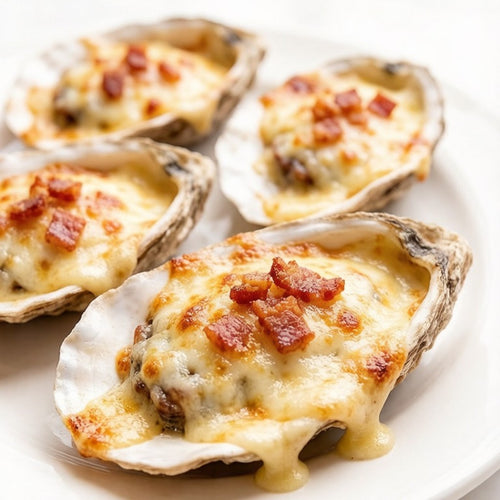 Baked oysters topped with melted cheese on a white plate