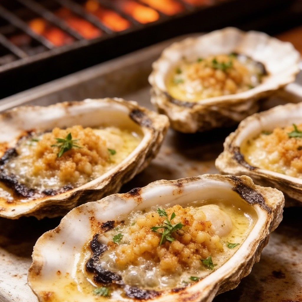 Garlic butter oysters bubbling on a hot grill tray
