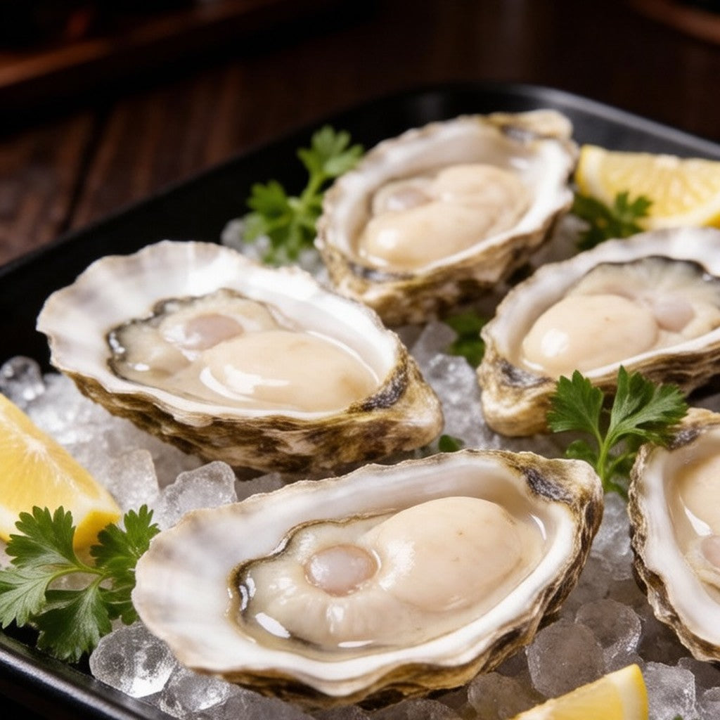 Half shell oysters arranged on crushed ice with lemon and parsley