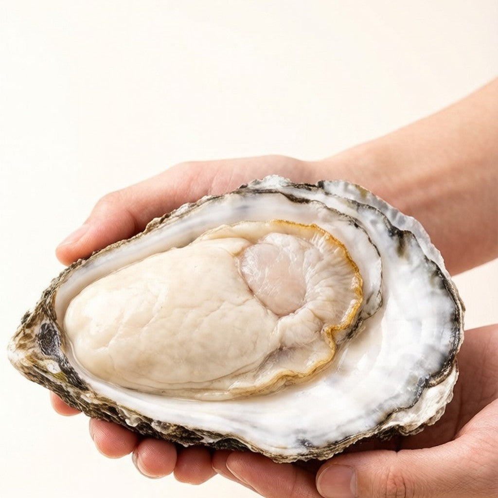 Hand holding a single large opened oyster with plump meat