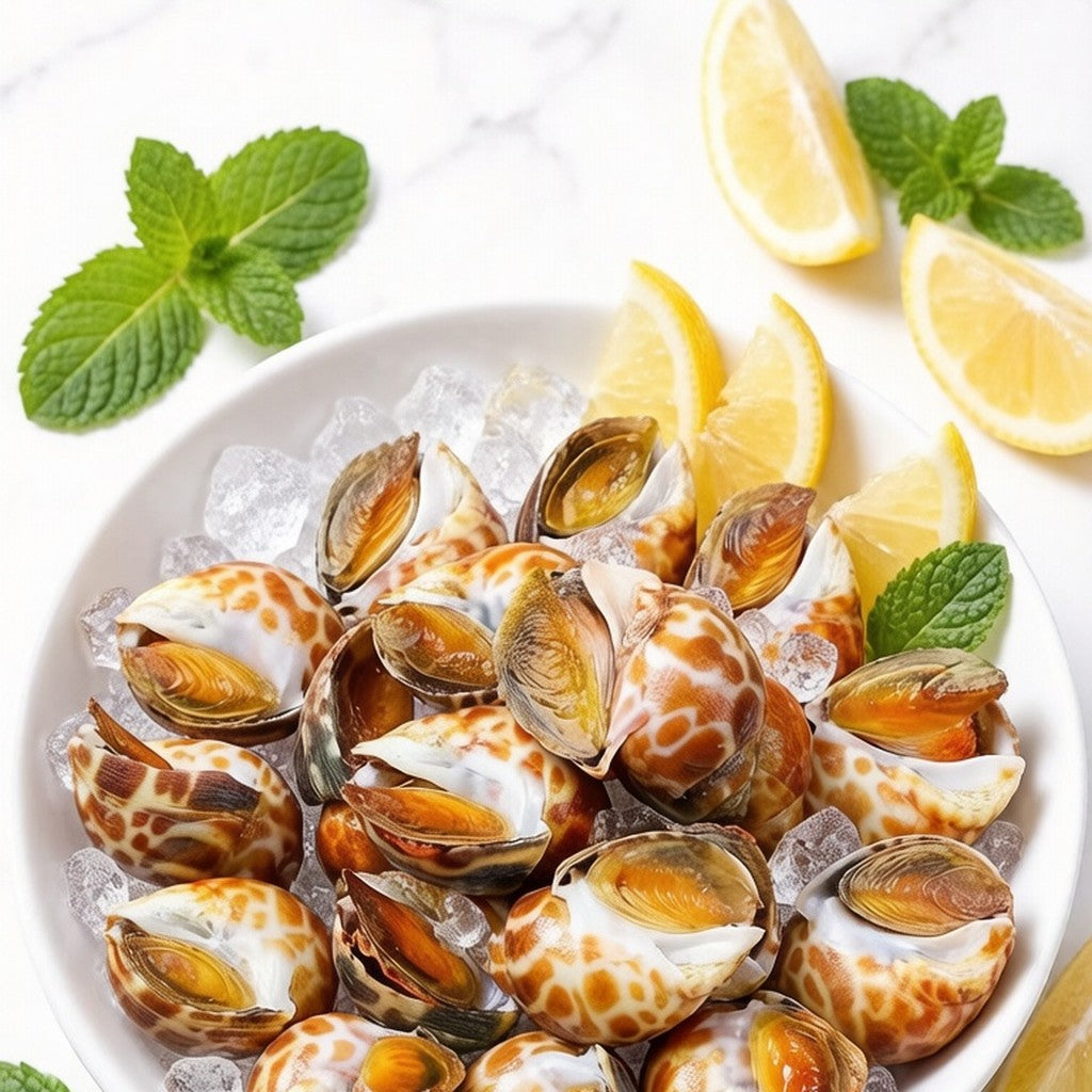 Chilled sea snails on crushed ice with lemon and mint