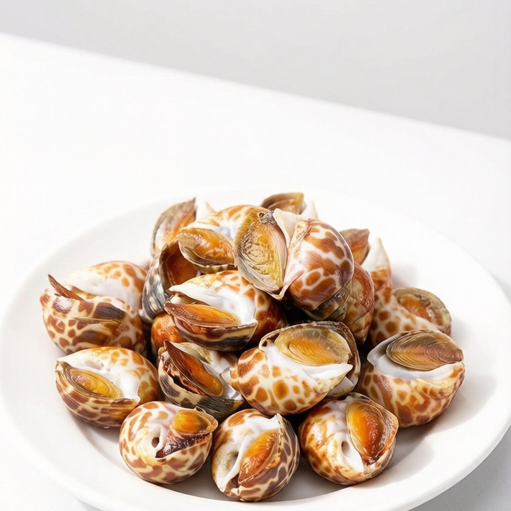 Plate of raw patterned sea snails ready to cook