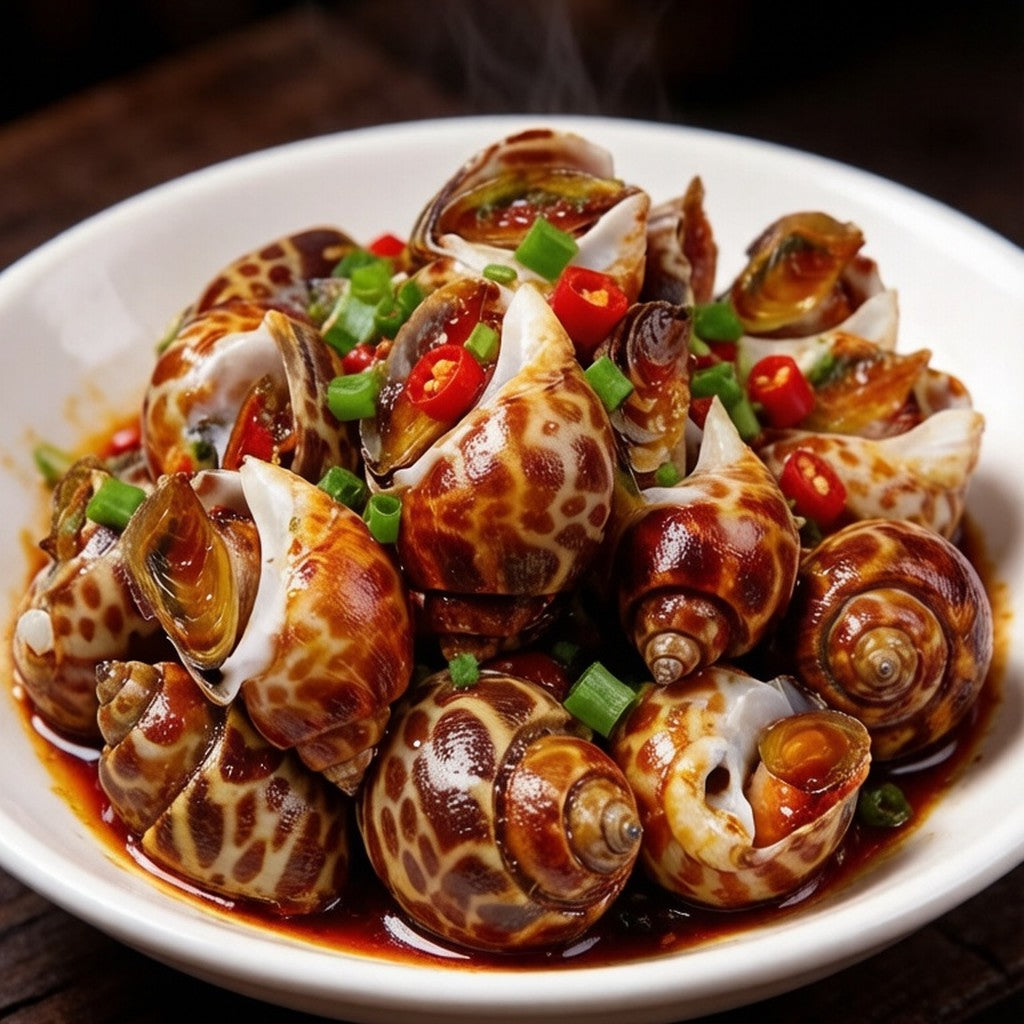 Spicy stir fried sea snails glazed in chilli sauce