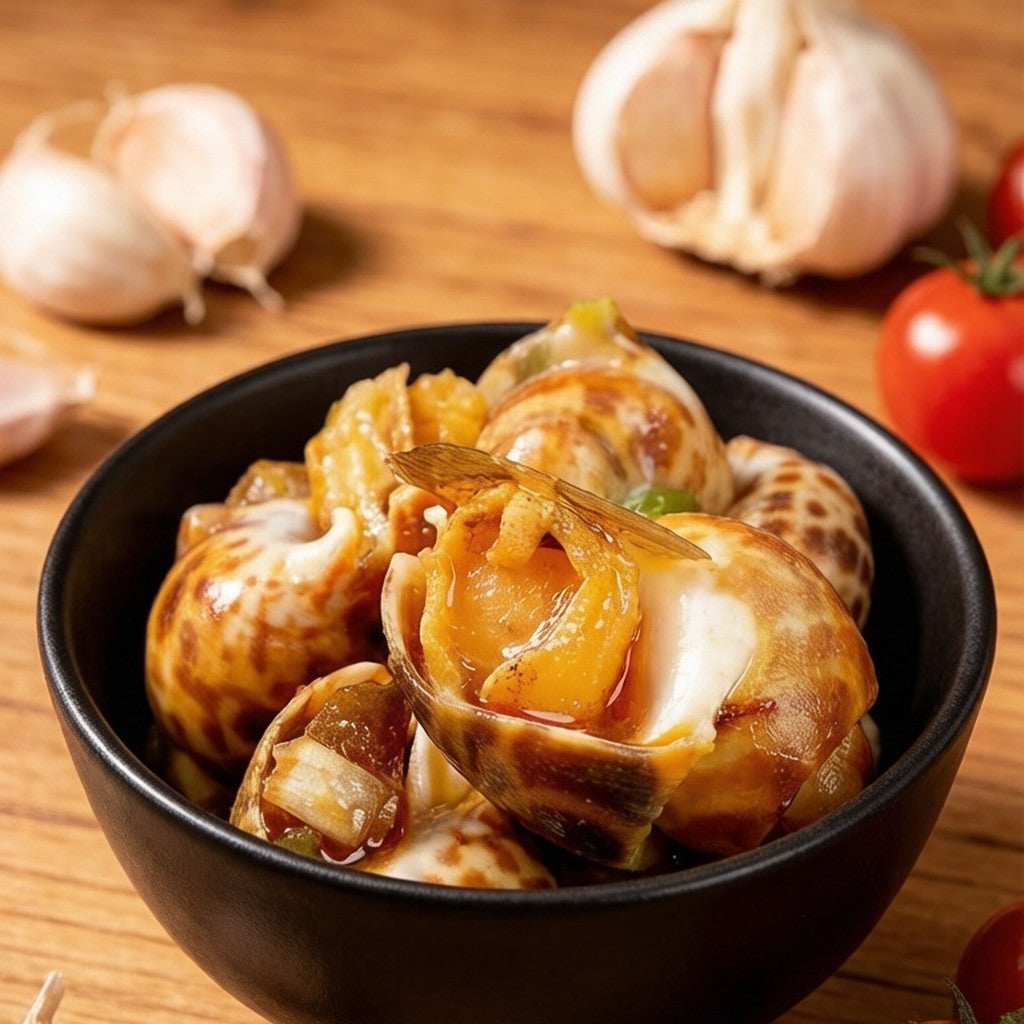 Steamed sea snails served in a dark bowl with garlic