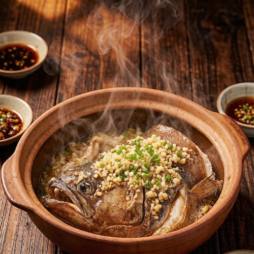 Mackerel simmered in a dark miso broth in a clay pot