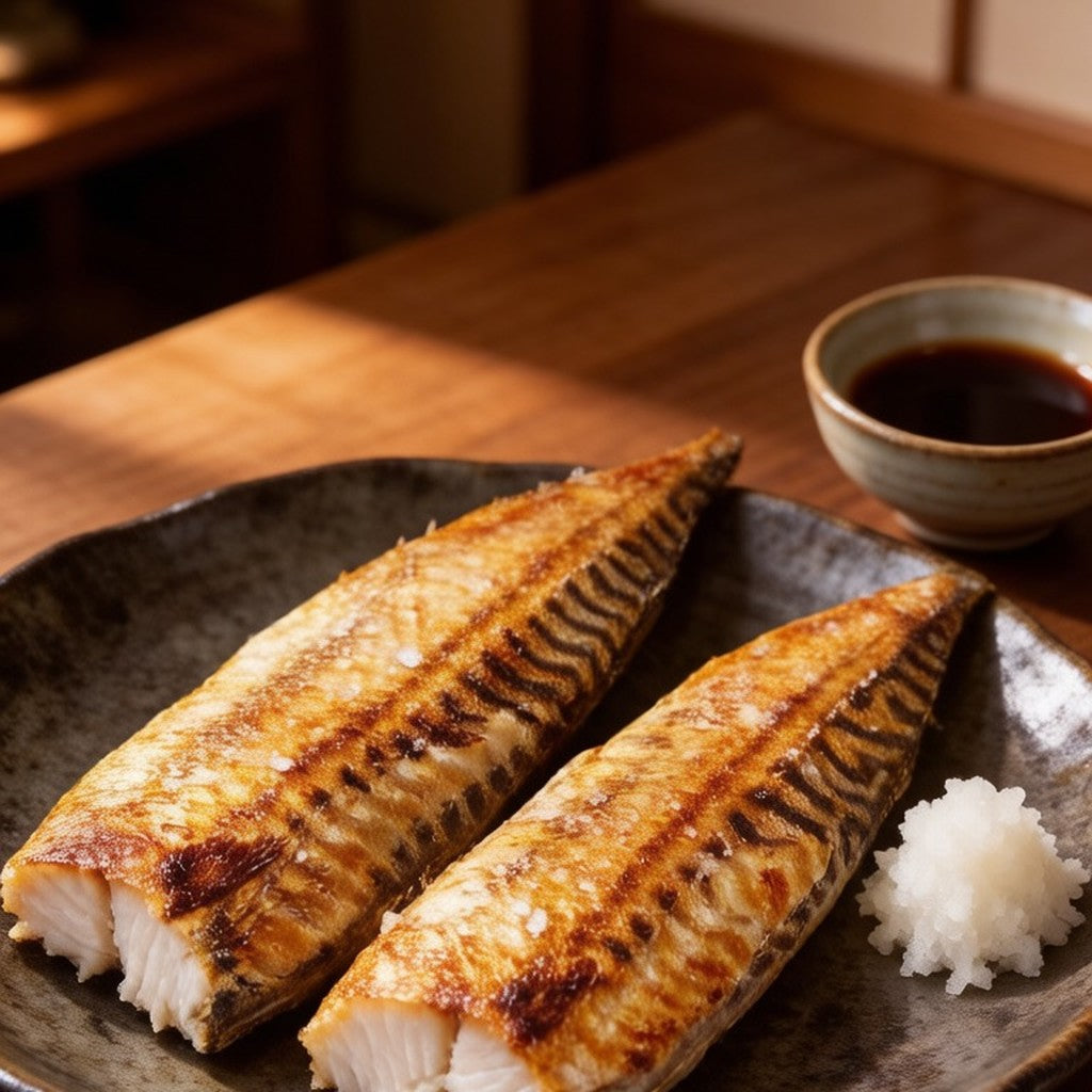 Grilled mackerel fillets glazed and served with soy sauce