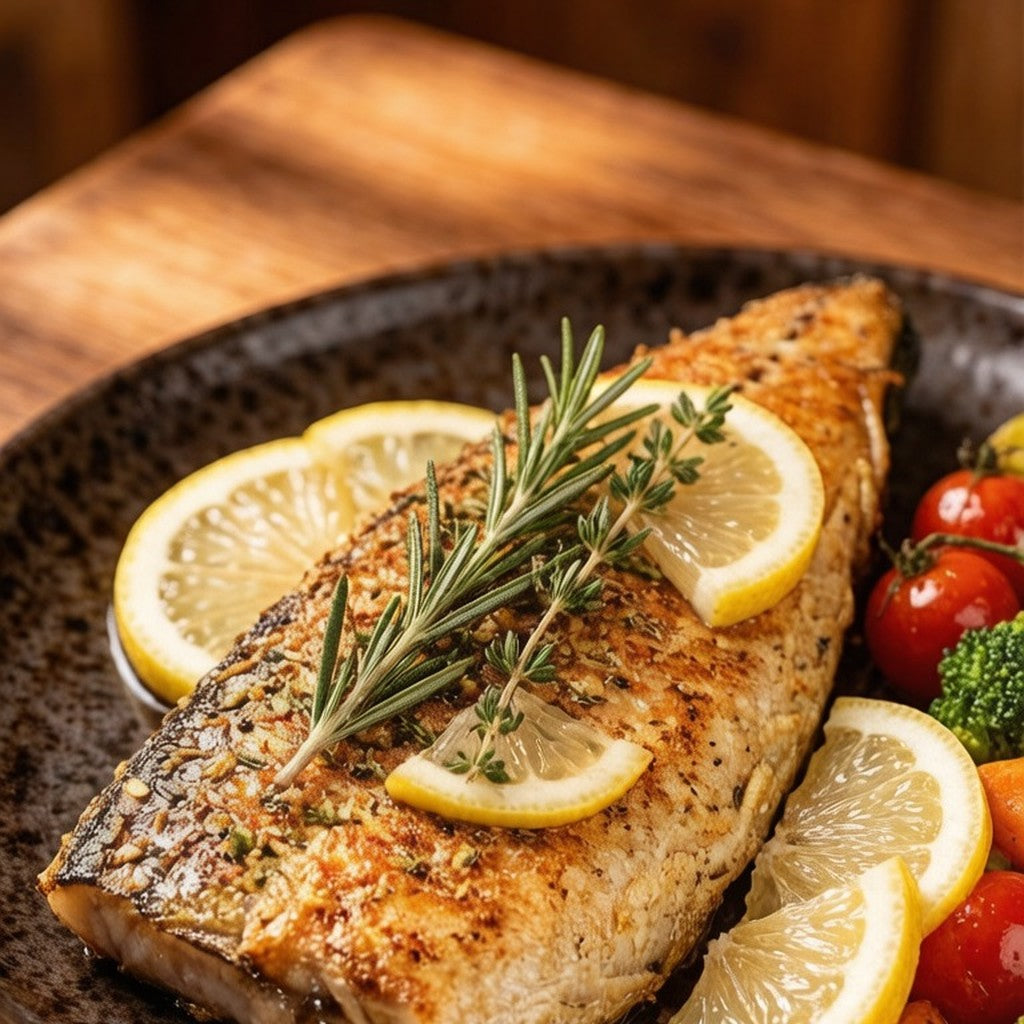 Pan-seared mackerel fillet with lemon and rosemary on a dark plate