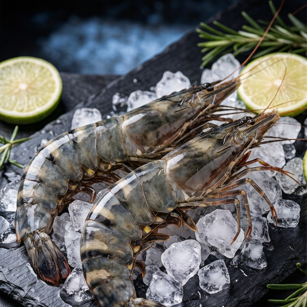 Raw tiger prawns arranged on crushed ice with lime
