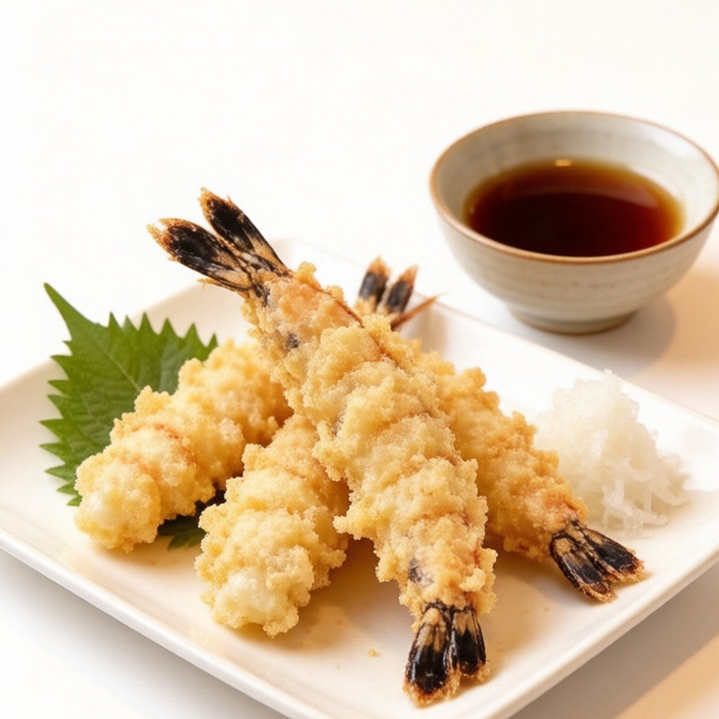 Tempura prawns with crisp batter and dipping sauce
