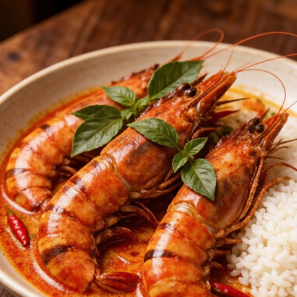 Tiger prawns in a rich red curry served over rice