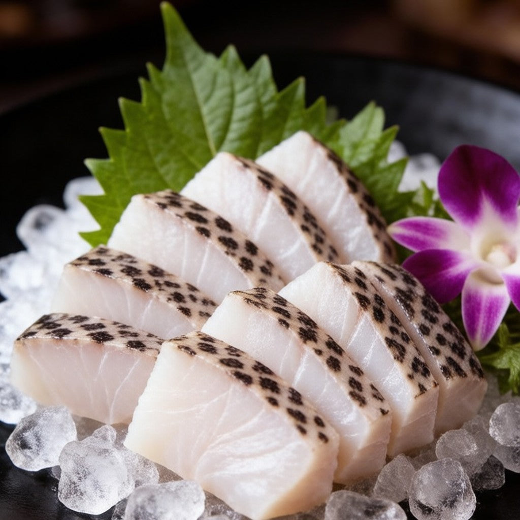 Grouper sashimi slices fanned on ice with shiso leaf