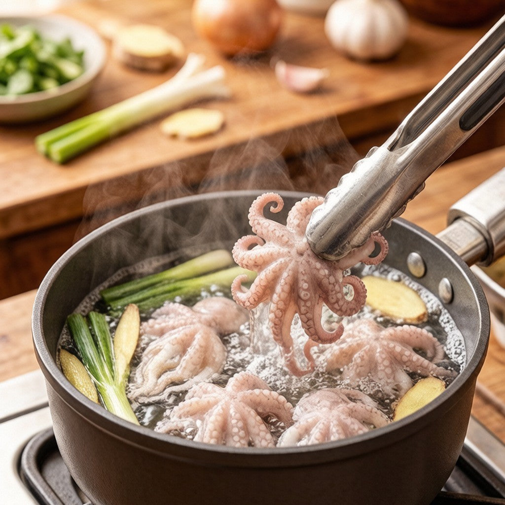 Baby octopus blanching in a shallow pan