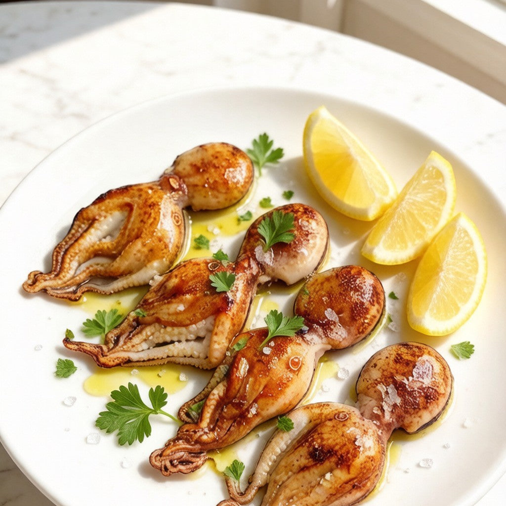 Grilled baby octopus plated with lemon wedges