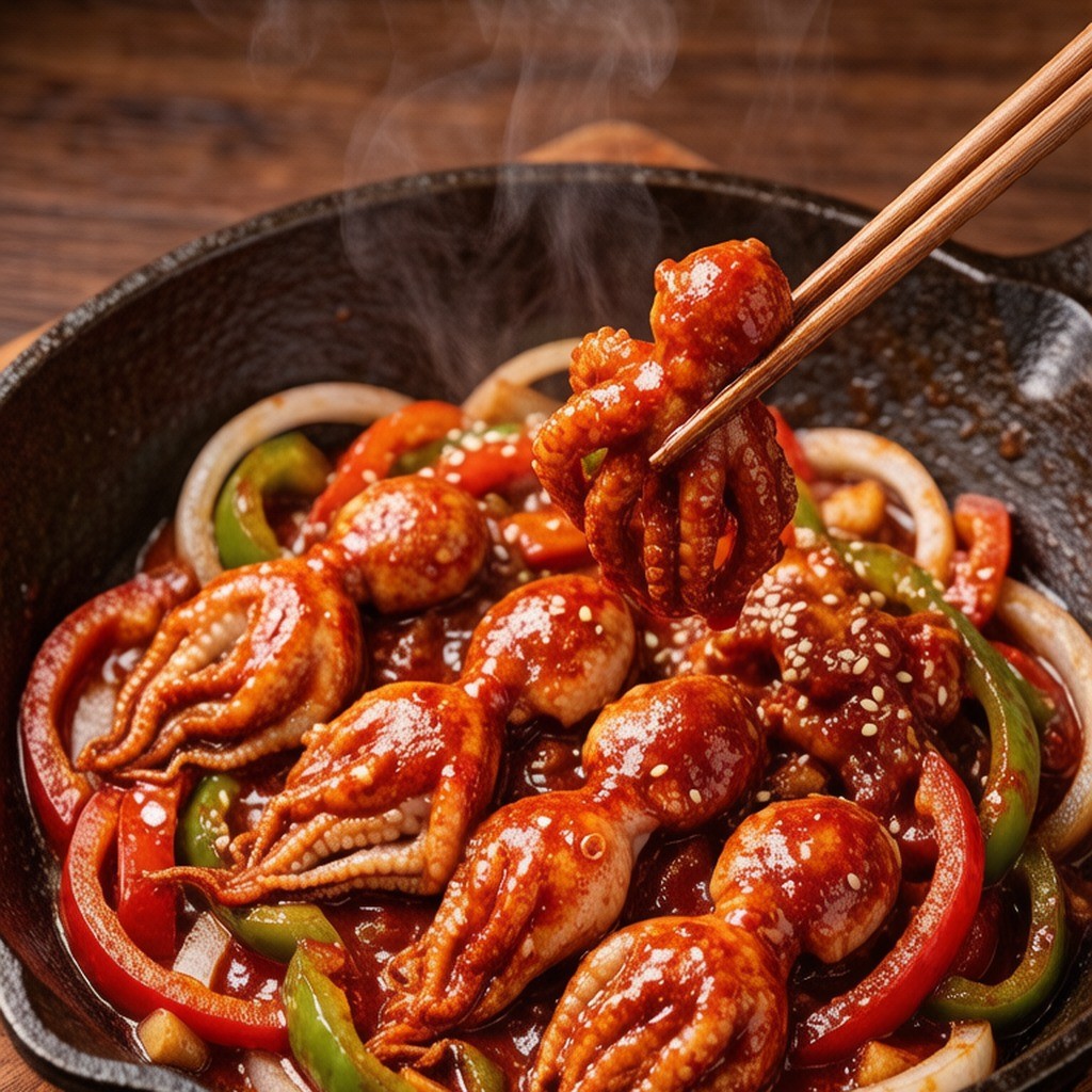 Korean style spicy stir fried octopus in a dark pan